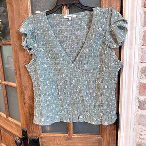 Madewell Smocked Top Women 8 Sage Green Floral Ruffle V-Neck Boho Chiffon Blouse